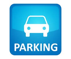 Parking graphic - white car on blue background - link to City Parking Information page