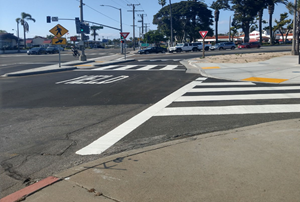 Image shows new crosswalk on east side of PCH at Aviation