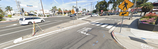 Image shows old crosswalk on east side of PCH at Aviation