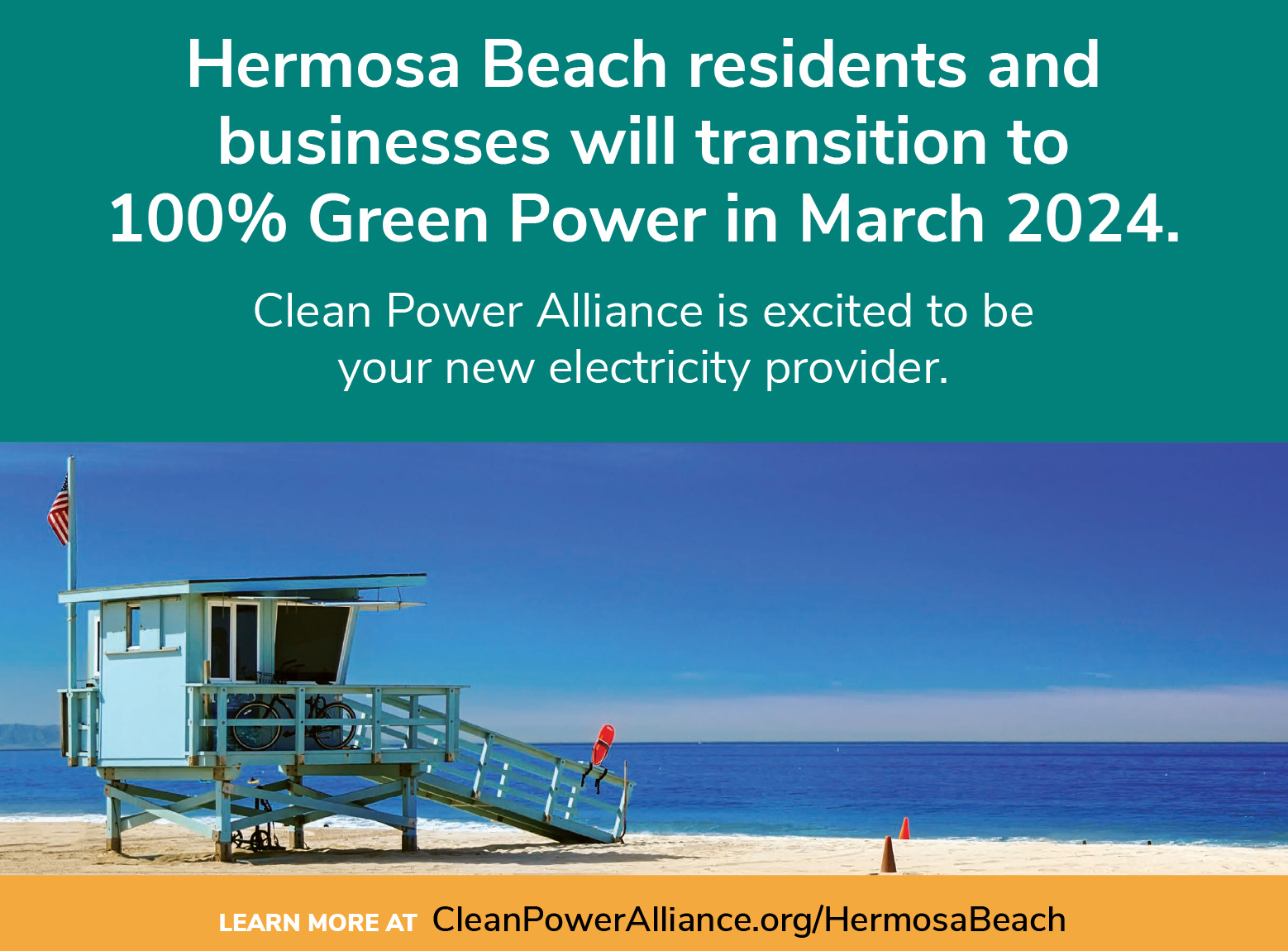 Flyer advertising Hermosa Beach transition to the Clean Power Alliance in March 2024